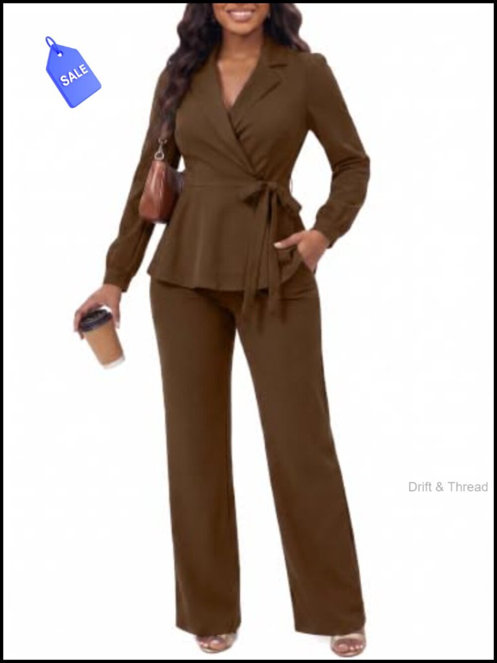 Women's 2 Piece Business Suit Set V-Neck Lantern Sleeve Straight Leg Pants